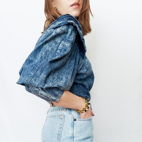 Vintage Tops - Vintage 80’s denim blouse puff sleeve vintage bodice acid wash stone wash